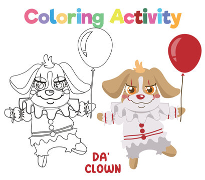 Coloring activity for kids a cute puppy in Halloween costume party the clown. Coloring book with Halloween theme. worksheet page. Simple coloring sheet for children. 