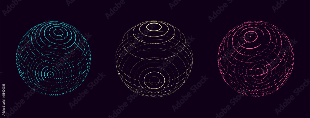 Poster set of abstract colorful spheres from dots on a dark background. flow of network connection structur