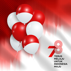 17th August. Indonesia independence day celebration with balloons and watercolor flag background