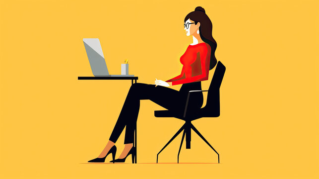 Businesswoman sitting at desk and working with laptop.