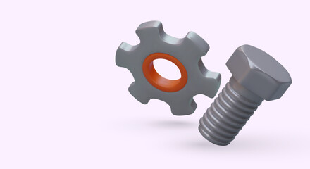 Mechanic services. Small repairs, adjustment of fasteners, change of tension force. 3D washer and bolt with shadows and reflections. Vector template for advertising, web page design