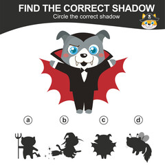 Find the correct shadow. Matching the image with the shadow of cute dog in Halloween costumes. Worksheet for kid. Educational printable worksheet. Vector illustration.