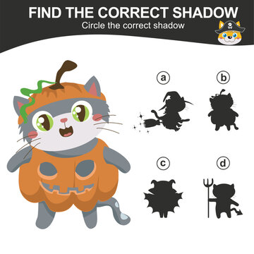 Find the correct shadow. Matching the image with the shadow of cute kitten in Halloween costumes. Worksheet for kid. Educational printable worksheet. Vector illustration.