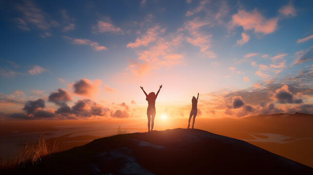 Happy cheering celebrating success woman at beautiful sunset above the clouds. Girl enjoying view of colorful sunset with arms raised up towards the sky.