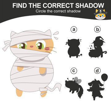 Find the correct shadow. Matching the image with the shadow of cute kitten in Halloween costumes. Worksheet for kid. Educational printable worksheet. Vector illustration.