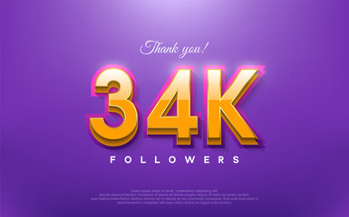 Thank you 34k followers, 3d design with orange on blue background.