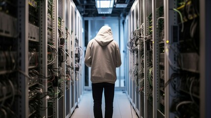 A web-developer or software engineer in casual clothes in a big data server room