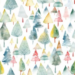 Seamless pattern of a forest woodland in primitive watercolor style