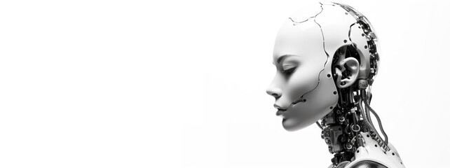 Black and white portrait of a feminine robot. Generative AI