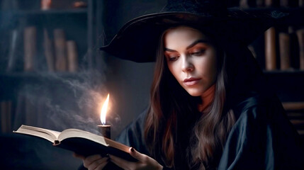 Obraz premium Young halloween witch girl reading a dark book of spells in the library making magic, ai generated