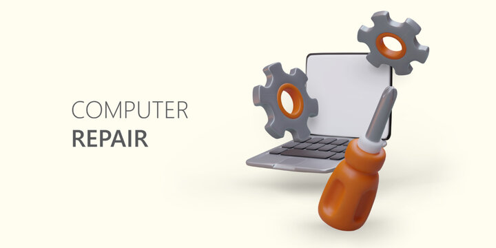 Repair of computers, laptops, tablets. Services of professional repairman. Advertising poster with 3D gears and open laptop. Positive illustration style, light background
