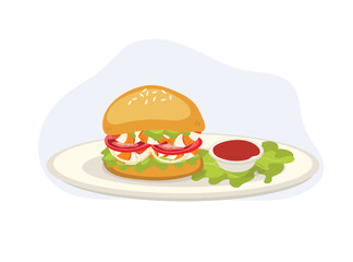 Shrimp burger with ketchup and lettuce on plate. seafood. yummy fast food. vector cartoon illustration