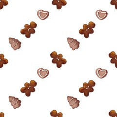 Seamless pattern of hand drawn christmas cookies isolated on white, alcohol markers illustration. For textile, fabric, wallpapers, party supplies, food packaging, greeting cards, wrapping paper