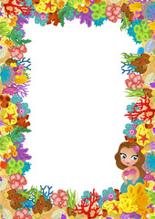 cartoon scene with coral reef and happy fishes swimming near mermaid princess isolated illustration for children