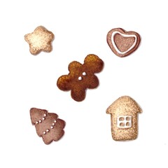 Set of five Christmas cookies isolated on white, hand drawn alcohol markers illustration. For postcards, greeting cards, clothing prints, book illustrations, menu design, food and cosmetics packaging