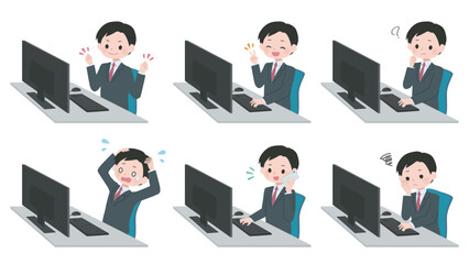 パソコンを使う会社員のイラストセット2