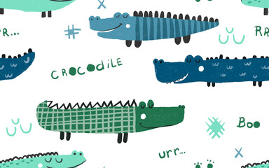 Hand drawing cute crocodile seamless pattern illustration for baby room, nursery. Illustration design for fashion fabrics, textile graphics, prints, wrapping, textile