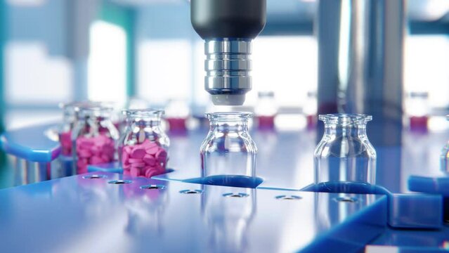 Pharmaceutical jar filling machine with pills on an automated packaging line &ndash; 3D render loop