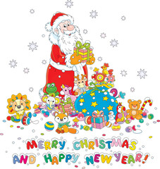 Happy New Year and merry Christmas card with funny Santa Claus and his magic bag of holiday gifts and sweets for little kids, vector cartoon illustration on a white background