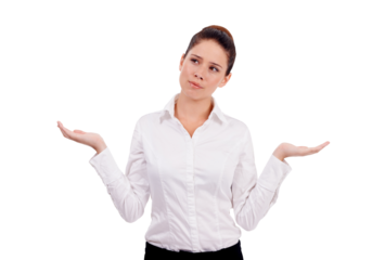 Palm, choice and business woman thinking isolated on transparent png background for job decision. Doubt, confused and young person or employee with hands for presentation, offer or questions in emoji