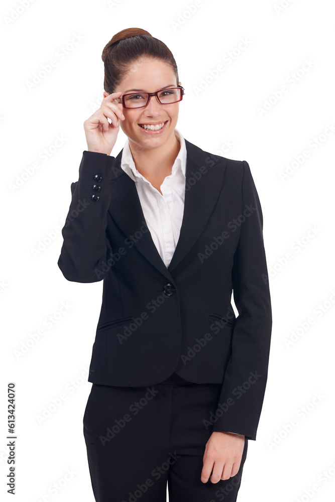 Poster Portrait, corporate and glasses with a woman lawyer isolated on a transparent background for legal advice. Business, law and a professional female advocate happy in a suit on PNG for judicial work