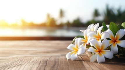 Obraz na płótnie Canvas A wooden table with white frangipani flowers. Generative AI