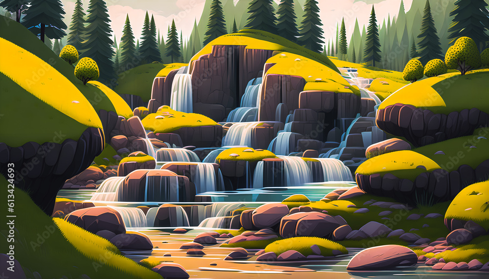 Sticker Cascade Oasis, Summer Forest Landscape with a Serene Waterfall., Generative AI