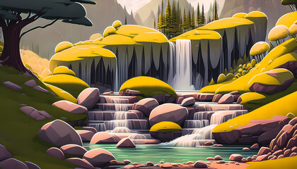 Cascade Oasis, Summer Forest Landscape with a Serene Waterfall., Generative AI