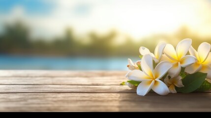 Fototapeta na wymiar A wooden table with white frangipani flowers. Generative AI