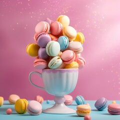 Fototapeta na wymiar Colorful macaroons in a vase on a pink background