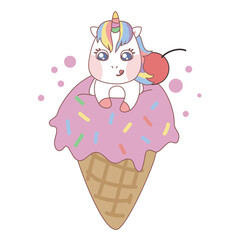 Clipart kawaii and cute baby unicorn staring delicious ice cream on white background for kids fashion artworks, children books, birthday invitations, greeting cards, posters. Fantasy cartoon vector 