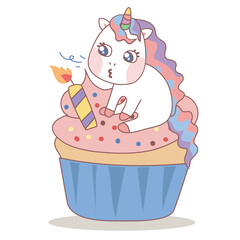 Clipart kawaii and cute baby unicorn with a birthday cake on white background for kids fashion artworks, children books, birthday invitations, greeting cards, posters. Fantasy cartoon vector file. 