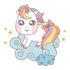 Clipart kawaii and cute baby unicorn on white background for kids fashion artworks, children books, birthday invitations, greeting cards, posters. Fantasy cartoon vector illustration.