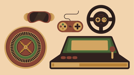 Set Icon Game Controller Retro With Brown Background 