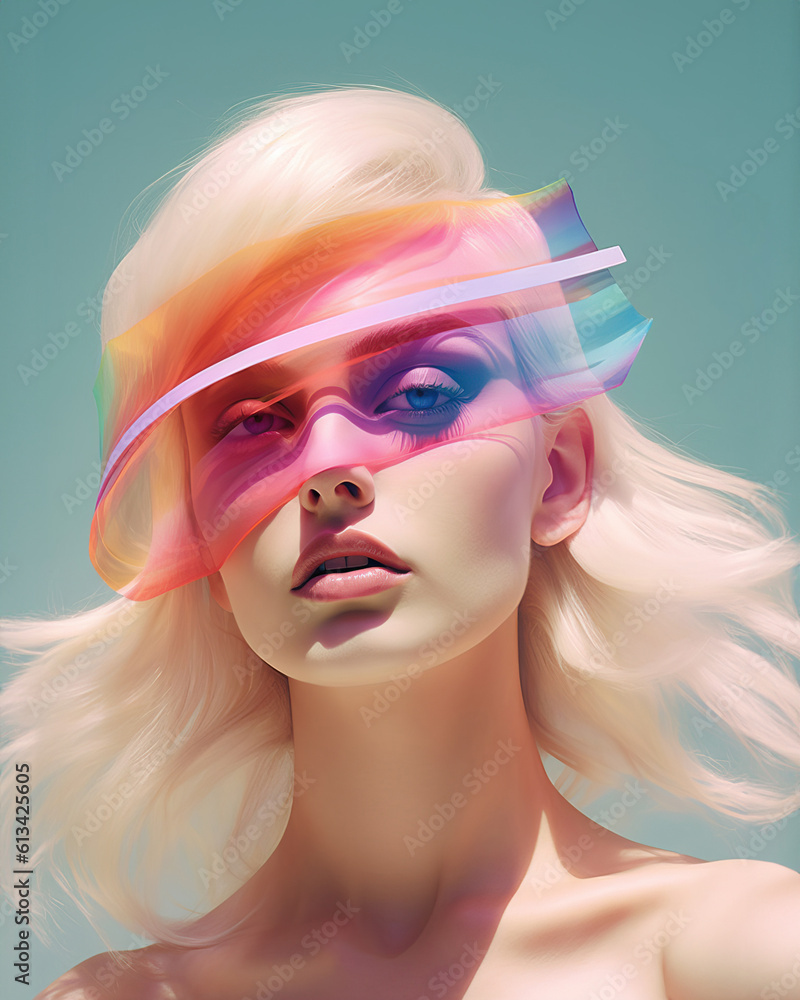 Wall mural Beautiful blonde woman female girl model with futuristic hat posing on the beach with blue sky background. Summer time vacaion relax mode. LA pastel 60s. Generated AI..