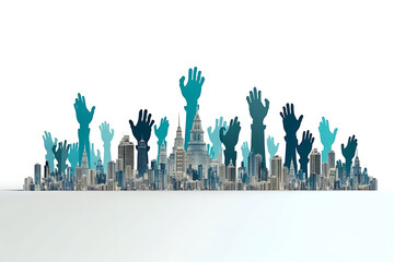 silhouette of people raising hands with a city skyscrapers background, lets build together concept
