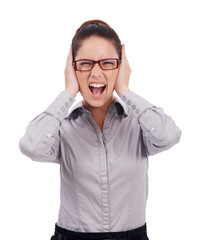 Frustrated, noise and portrait of woman to cover ear with hands on head, ears or palms to block sound on transparent, isolated or png background. Business, person and hate listening to music or audio