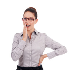 Surprise, shock and portrait of a business woman isolated on transparent, png background. Professional female person with glasses and hands by mouth excited for wow announcement, news or promotion