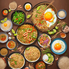 A lot of plates of stir fried noodles on the table illustration drawing, Spicy sauce, Thai food, AI generated.