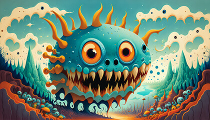 Fototapeta na wymiar Monstrous Gaze: Terrifying Beast in an Illustration Painting, Amidst a Scary Landscape., Generative AI