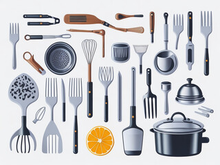 Each stainless steel cooking utensil is strategically placed, showcasing the precision and attention to detail in the arrangement on white background, AI generated.