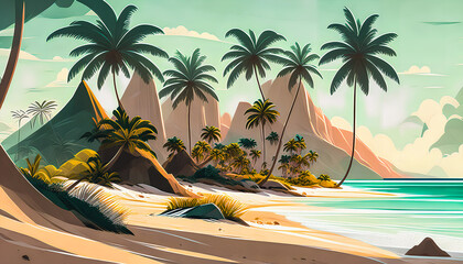 Tropical Oasis: Serene Sea Lagoon with Palm Trees, Mountain Reflections, and Jungle Silhouettes. Summer Seascape of Ocean Shore with Rocky Accents., Generative AI