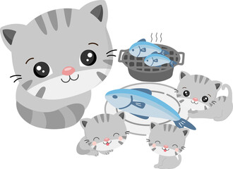 Happy cat family eating grilled fishes.
