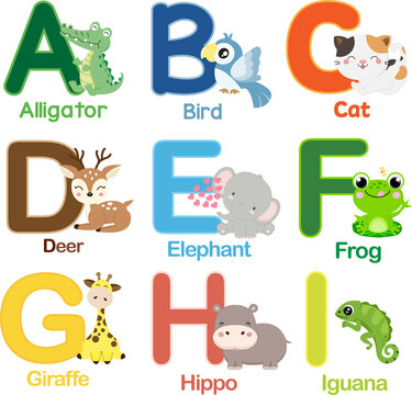 English alphabet with cute animals cartoon.