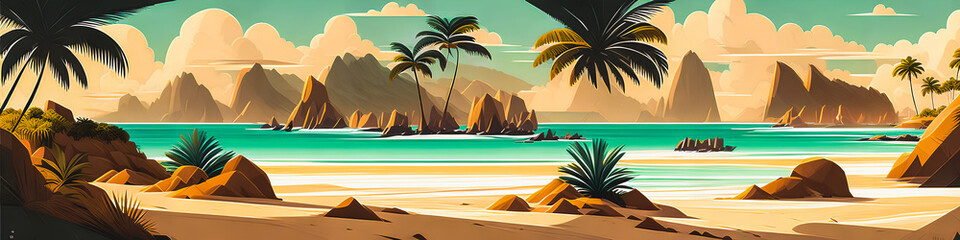 Tropical Oasis: Serene Sea Lagoon with Palm Trees, Mountain Reflections, and Jungle Silhouettes. Summer Seascape of Ocean Shore with Rocky Accents., Generative AI