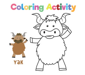 Colouring the cartoon character a yak. Coloring activity for preschool and kindergarten children. Printable educational printable coloring worksheet. Vector illustration file.