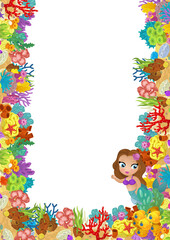 Fototapeta premium cartoon scene with coral reef and happy fishes swimming near mermaid princess isolated illustration for children