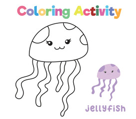 Coloring the jellyfish. Coloring activity for preschool and kindergarten children. Printable educational printable coloring worksheet. Vector illustration file.