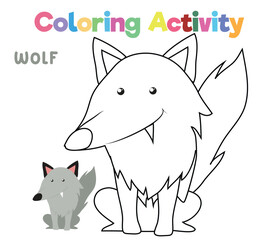 Colouring the cute cartoon wolf. Coloring activity for preschool and kindergarten children. Printable educational printable coloring worksheet. Vector illustration file.