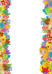 cartoon scene with coral reef and happy fishes swimming near mermaid princess isolated illustration for children